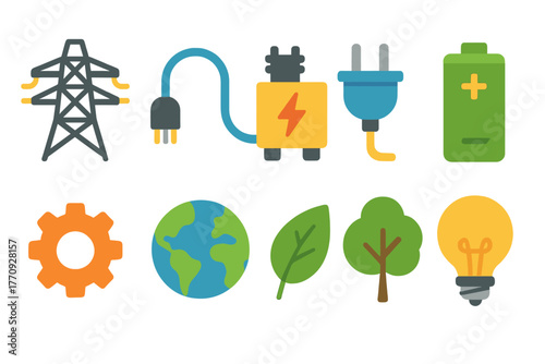 Energy, environment flat icon set. Sustainable power and nature icons collection