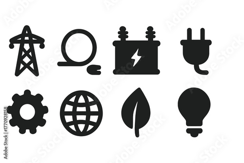 Energy and environment silhouette icon set. Renewable, electric symbols silhouette collection