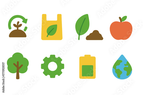 Eco-friendly, sustainable flat icon set featuring nature and recycling symbols