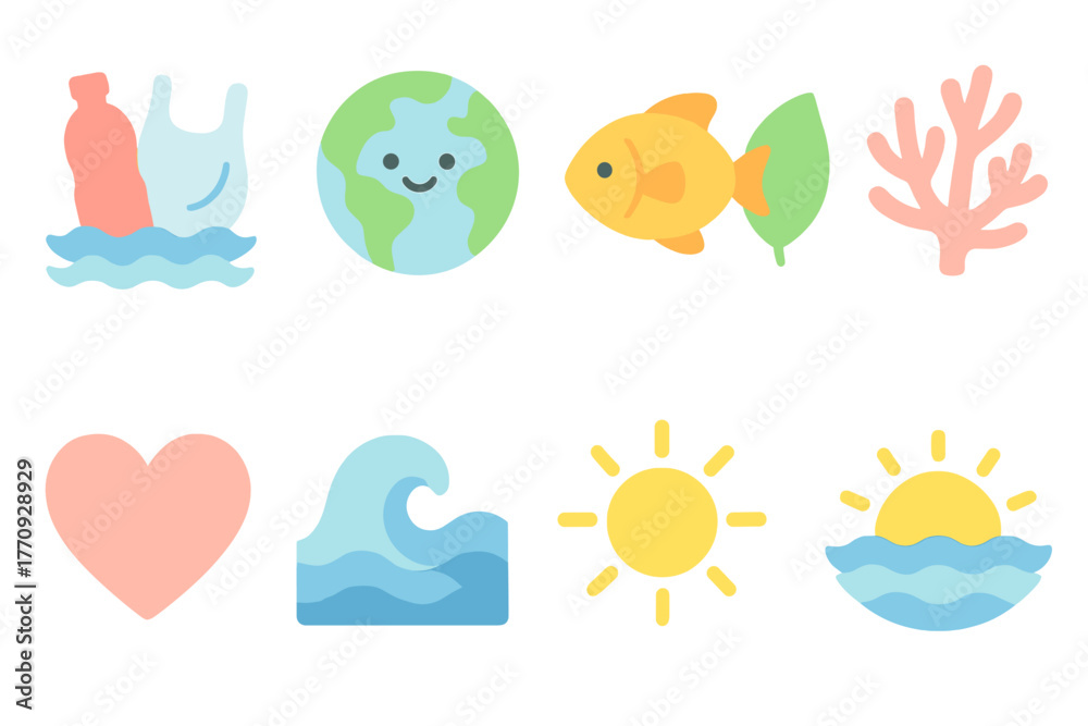Naklejka premium Environment and ocean flat icon set: ecological, marine life flat icons collection