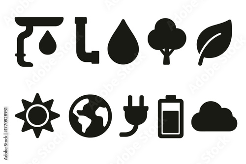Renewable energy and environment icon set. Nature, sustainability solid icons