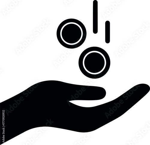 Vector black silhouette of a hand catching falling coins with a transparent background in a simple graphic style.