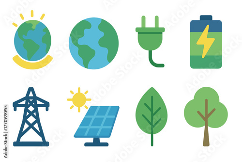 Eco-friendly energy flat icon set. Renewable power and nature icons collection