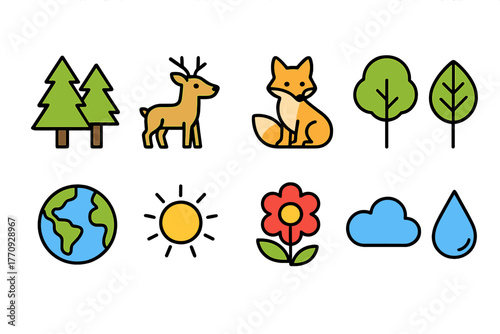 Nature and wildlife outline icon set. Forest, animals, environment outline collection