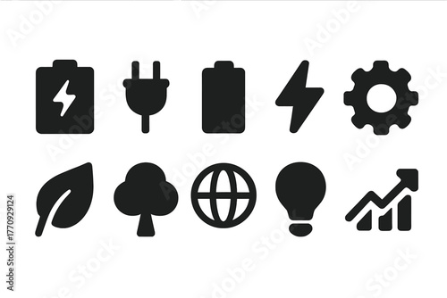 Energy and environment solid icon set. Sustainable power and nature symbol collection.