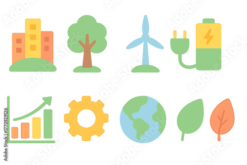 Sustainability and environment icon set. Eco, green energy flat style collection