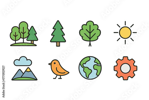 Eco-friendly flat icon set. Nature, environment, green energy, sustainability icons.