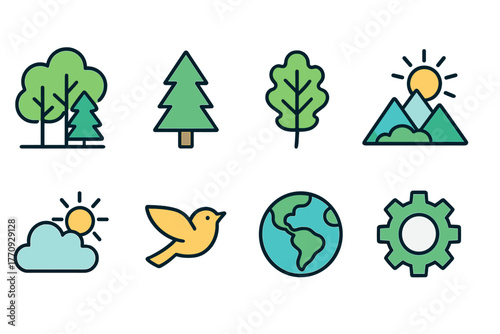 Nature and environment outline icon set. Trees, sun, earth, bird icons collection
