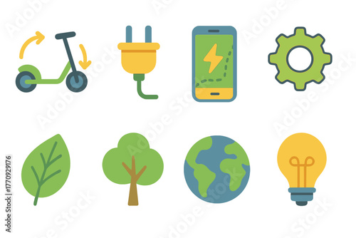 Eco-friendly flat icon set. Sustainable technology, energy, environment icons collection