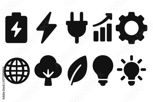 Energy and sustainability solid icon set. Renewable energy and eco-friendly icons.