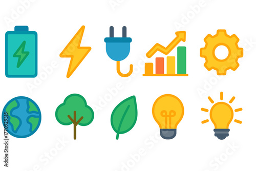 Energy and sustainability flat icon set. Eco, renewable energy and environment icons