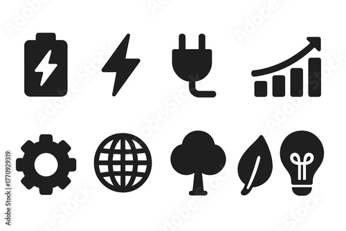 Energy and technology solid icon set. Power, sustainability, eco-friendly icons.