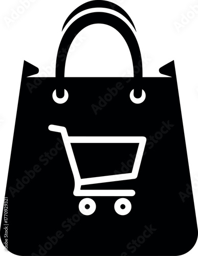 Vector illustration of a black shopping bag with handles and a white shopping cart symbol on the front side