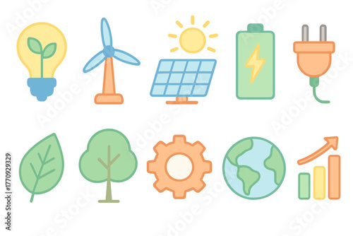 Eco-friendly energy icon set. Renewable, sustainability, and nature outline icons