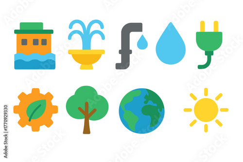 Environment and energy flat icon set. Eco-friendly, sustainability symbols collection