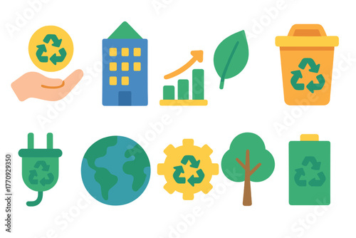 Eco-friendly recycling flat icon set. Sustainable environment icons collection