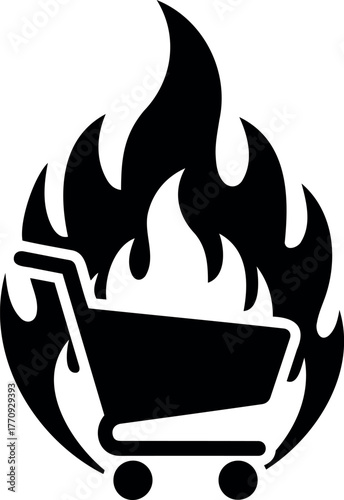 Vector illustration of a black shopping cart engulfed in flames against a white background design element