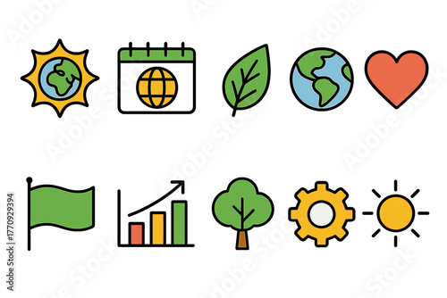 Environment, ecology filled icon set. Nature, sustainability symbols in vibrant colors