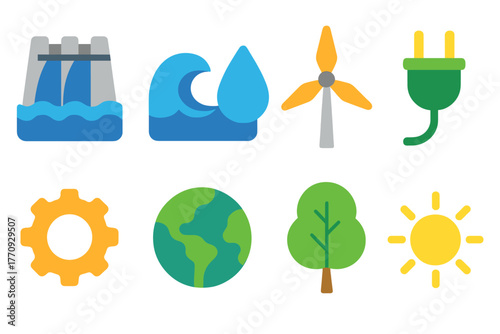 Renewable energy flat icon set. Sustainable power, eco-friendly resources collection