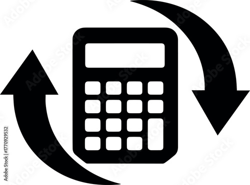 Vector illustration of a calculator with arrows circling it suggesting calculation or financial analysis process