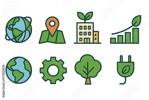 Eco-friendly, sustainable linear icon set: environment, nature, renewable symbols