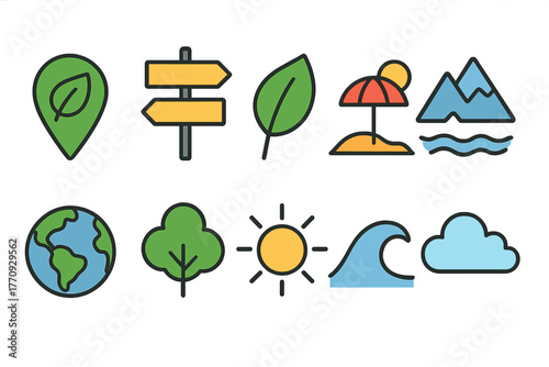 Nature and travel outline icon set. Adventure, vacation, outdoor symbols collection