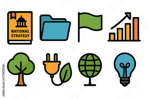Sustainability and growth flat icon set. Eco, energy, growth, and strategy icons flat style.