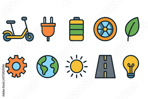 Eco-friendly energy icon set. Renewable, sustainability outline icons collection