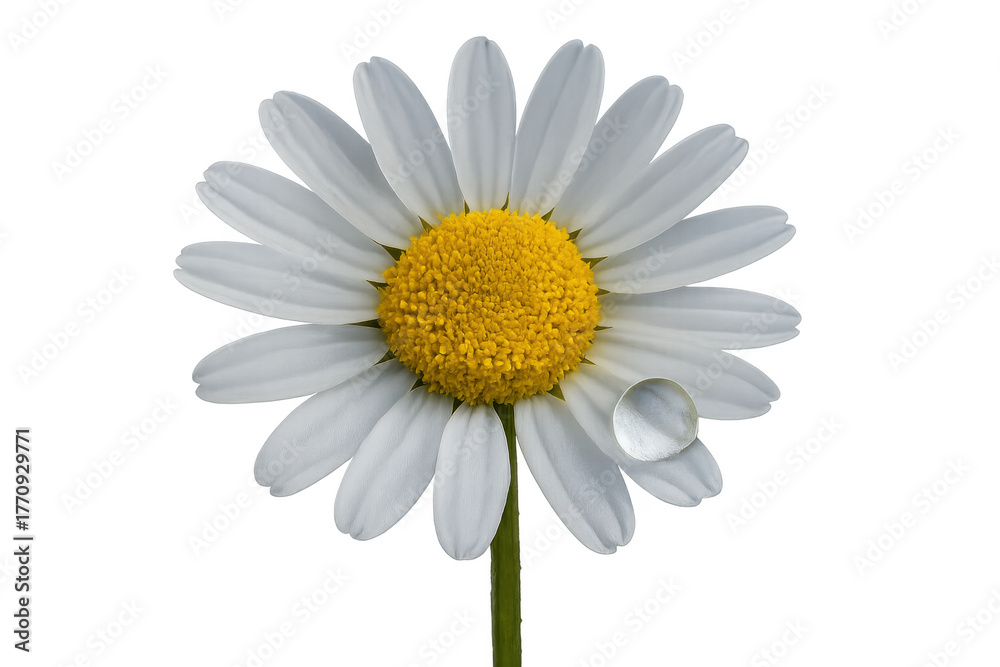 Naklejka premium Daisy flower with water drop on white petal, vibrant yellow center, fresh natural plant with transparent background