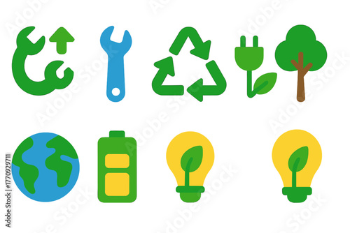 Renewable energy, environment flat icon set. Sustainable, eco-friendly symbols collection