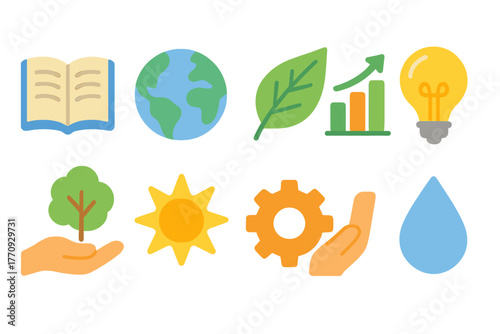 Environmentally conscious flat icon set. Renewable, eco-friendly symbols collection.