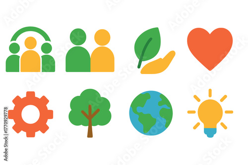 Environment and community flat icon set. Ecology, sustainability, conservation symbols.