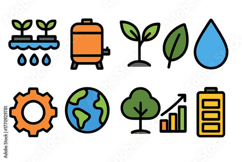 Eco sustainability flat icon set. Environment, conservation, green energy icons collection