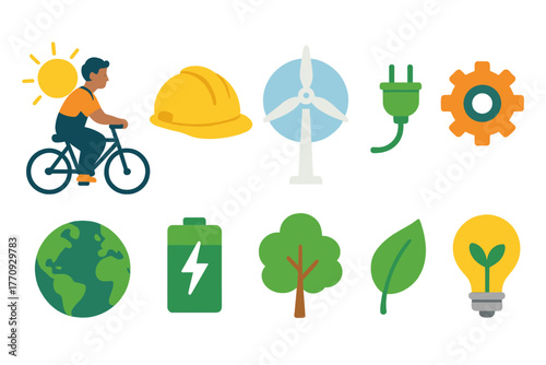 Eco-friendly flat icon set. Renewable energy, sustainability icons flat collection