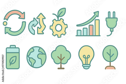 Eco-friendly energy icon set. Renewable, sustainability, environment outline icons