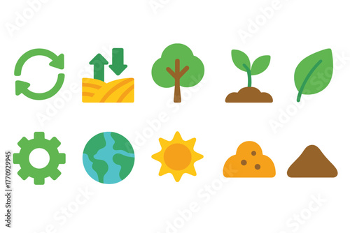 Environmental sustainability flat icon set. Nature, ecology, green energy icons collection