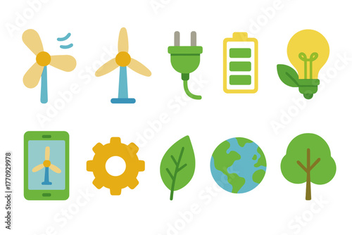 Eco, renewable flat icon set. Sustainable, green energy icons collection
