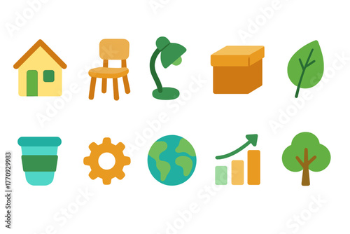 Eco-friendly lifestyle flat icon set. Sustainable living, environment icons collection