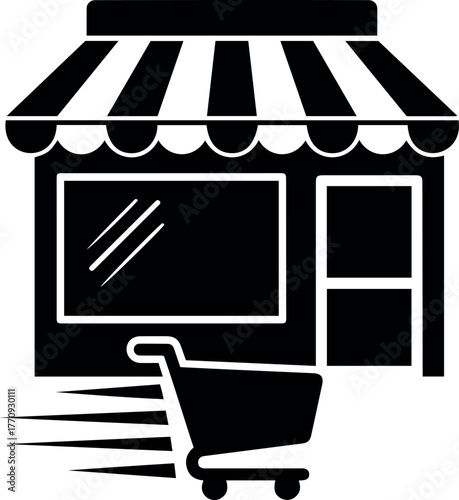 Vector illustration of a store front with a striped awning and a shopping cart moving quickly forward