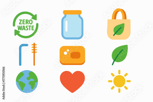 Eco-friendly lifestyle flat icon set. Sustainability, zero waste, recycling icons collection
