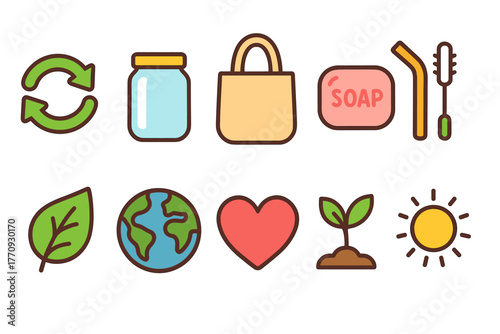 Eco lifestyle flat icon set. Sustainable, zero waste, recycle, earth-friendly icons