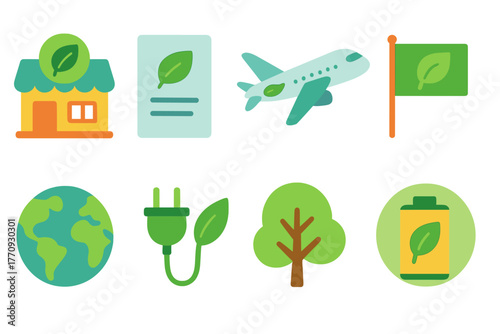 Eco-friendly flat icon set: sustainability, environment, green energy symbols collection