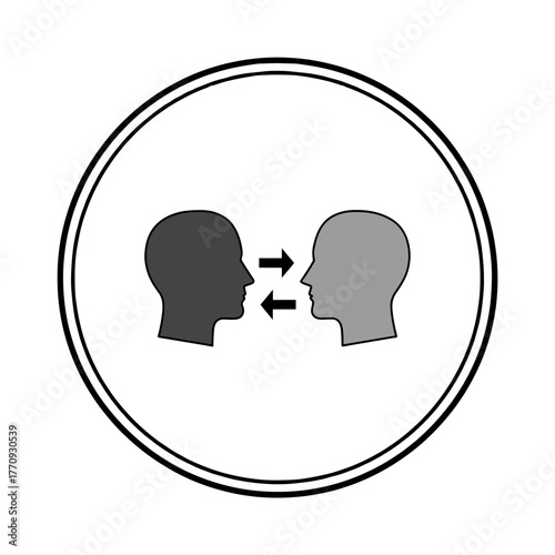 Two heads with arrows representing communication and exchange  