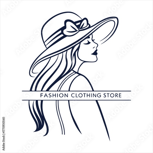 Elegant Woman with Hat Line Art Portrait Icon.