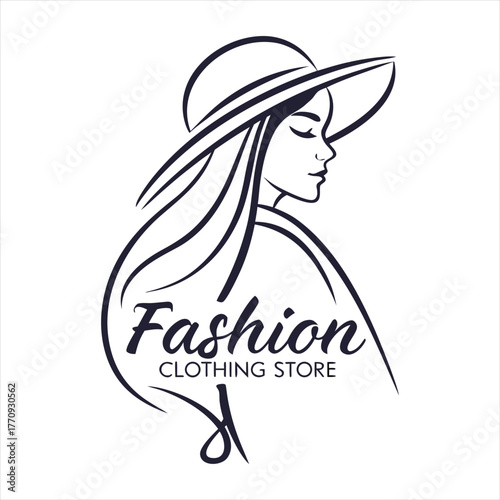 Elegant Woman with Hat Line Art Portrait Icon.