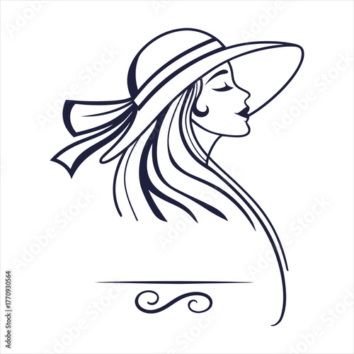 Elegant Woman with Hat Line Art Portrait Icon.