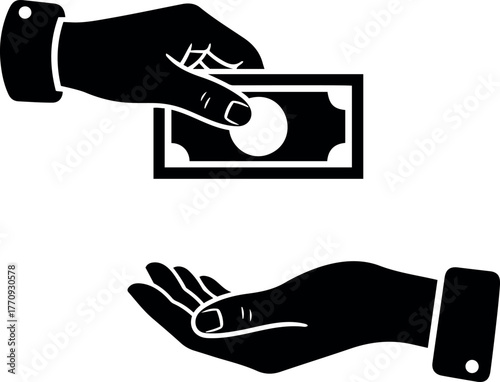 Vector illustration showing a hand giving money to another hand in black and white color scheme design