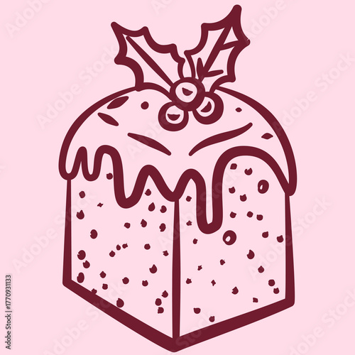 Red hand drawn Christmas cake with holly decor, vintage elegant line art. Xmas holiday element. Seasonal vector illustrations