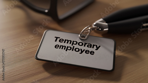 Temporary employee badge lying on a wooden surface with blurred eyeglasses and lanyard in the background. Symbol of temporary job or contractor role.