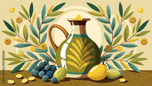 Very beautiful still life composition featuring an olive oil jug surrounded by a set of decorative olive branches with green leaves and ripe olives, elegant natural arrangement on a light background.